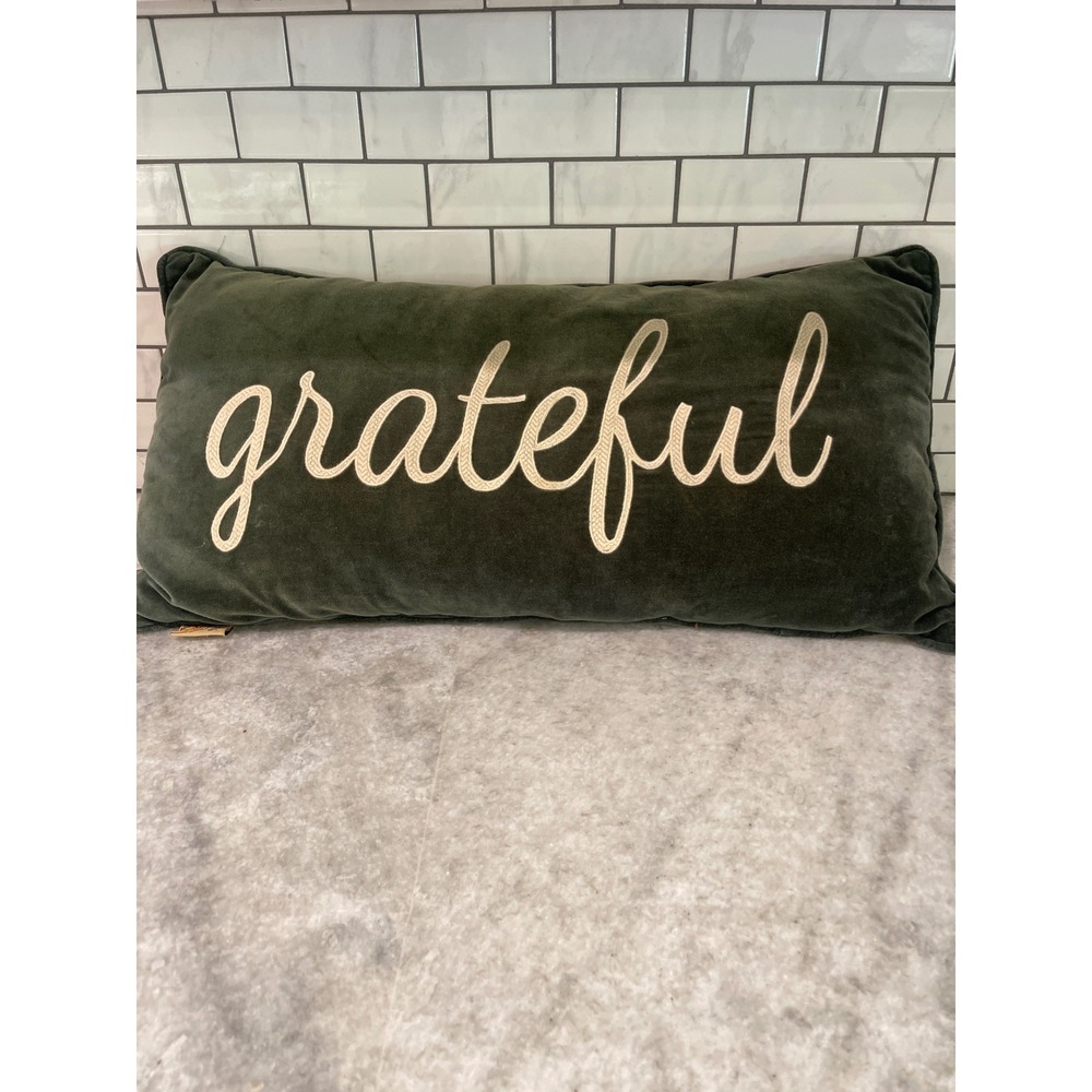 Devi Designs Throw Pillow Green Grateful Velvet Embroidered Lumbar 24x12